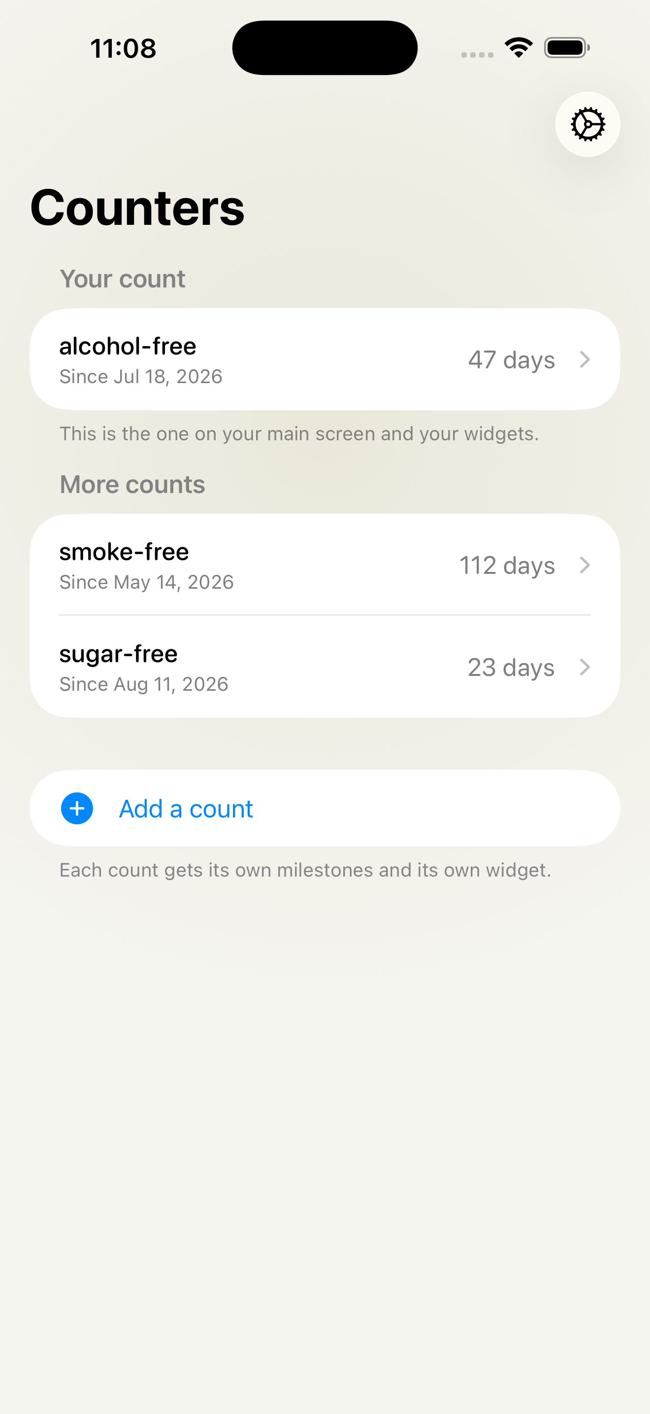 Counters — alcohol-free 47 days, smoke-free 112 days, sugar-free 23 days
